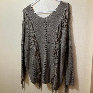 LIRA Women's Brown Fringe Accent Knit Oversized Boho Sweater Size Small